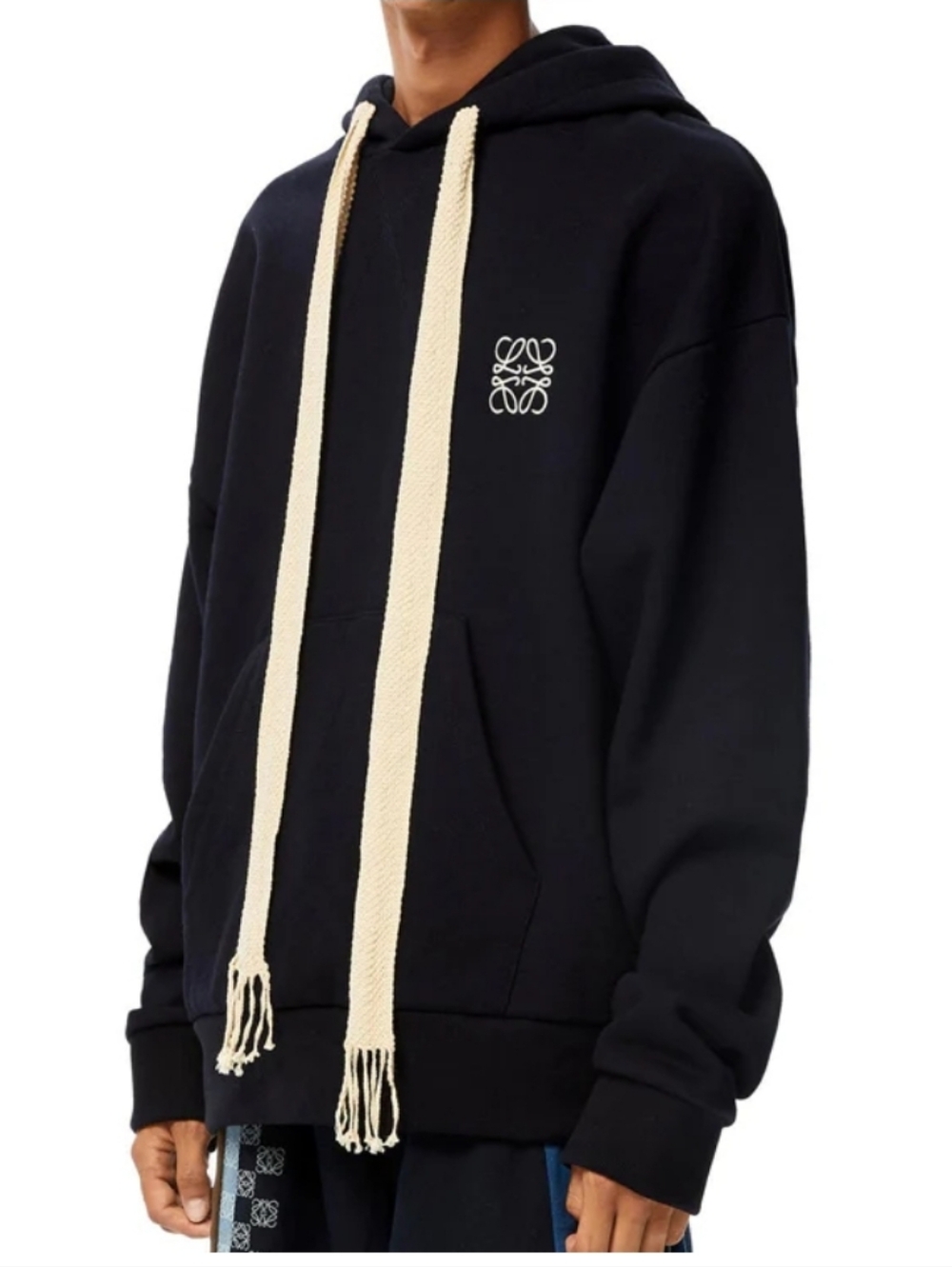 Loewe Black Pullover Hoodie with Cream Drawcords